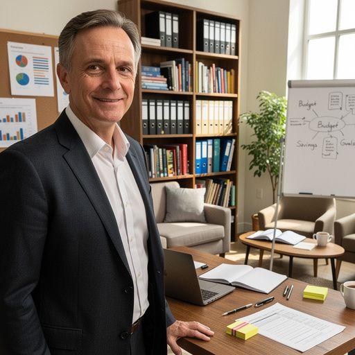 Pénzügyi tanácsadó mutat be egy költségvetési sémát egy diáknak.